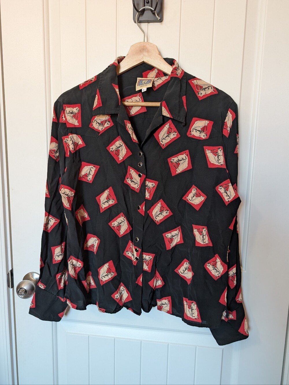 Vintage Desert West Sherry Holt Snap Button Horse Blouse Large Black/Red